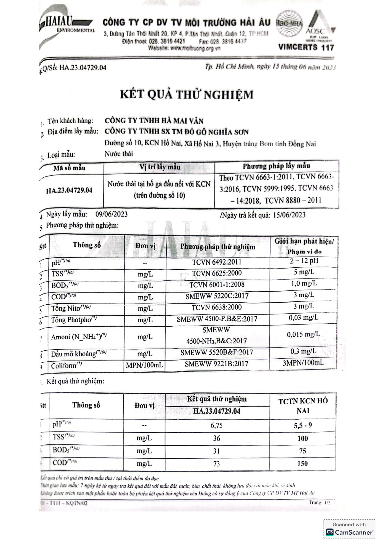 Environmental compliance report - wastewater measurement certificate 2023, Factory 2 Nghia Son Wood Products, page 1