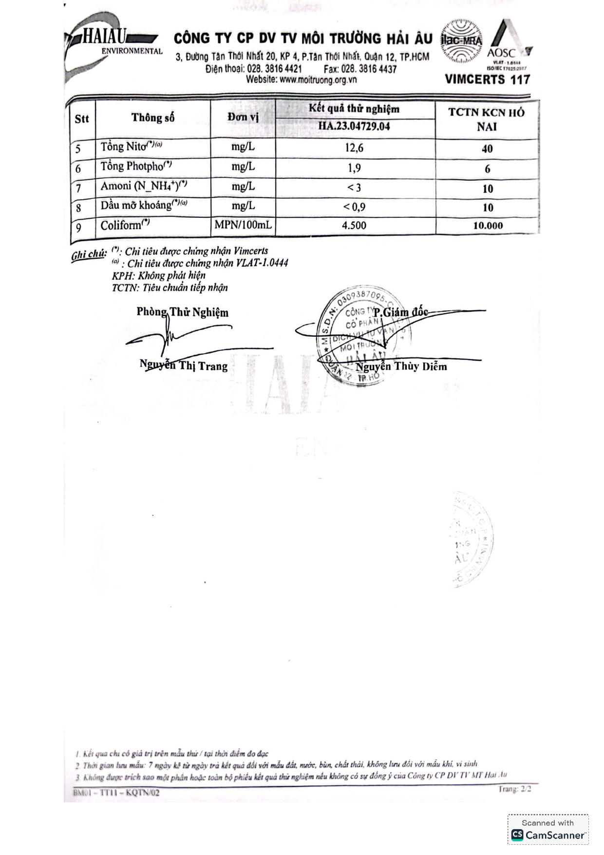 Environmental compliance report - wastewater measurement certificate 2023, Factory 2 Nghia Son Wood Products, page 2