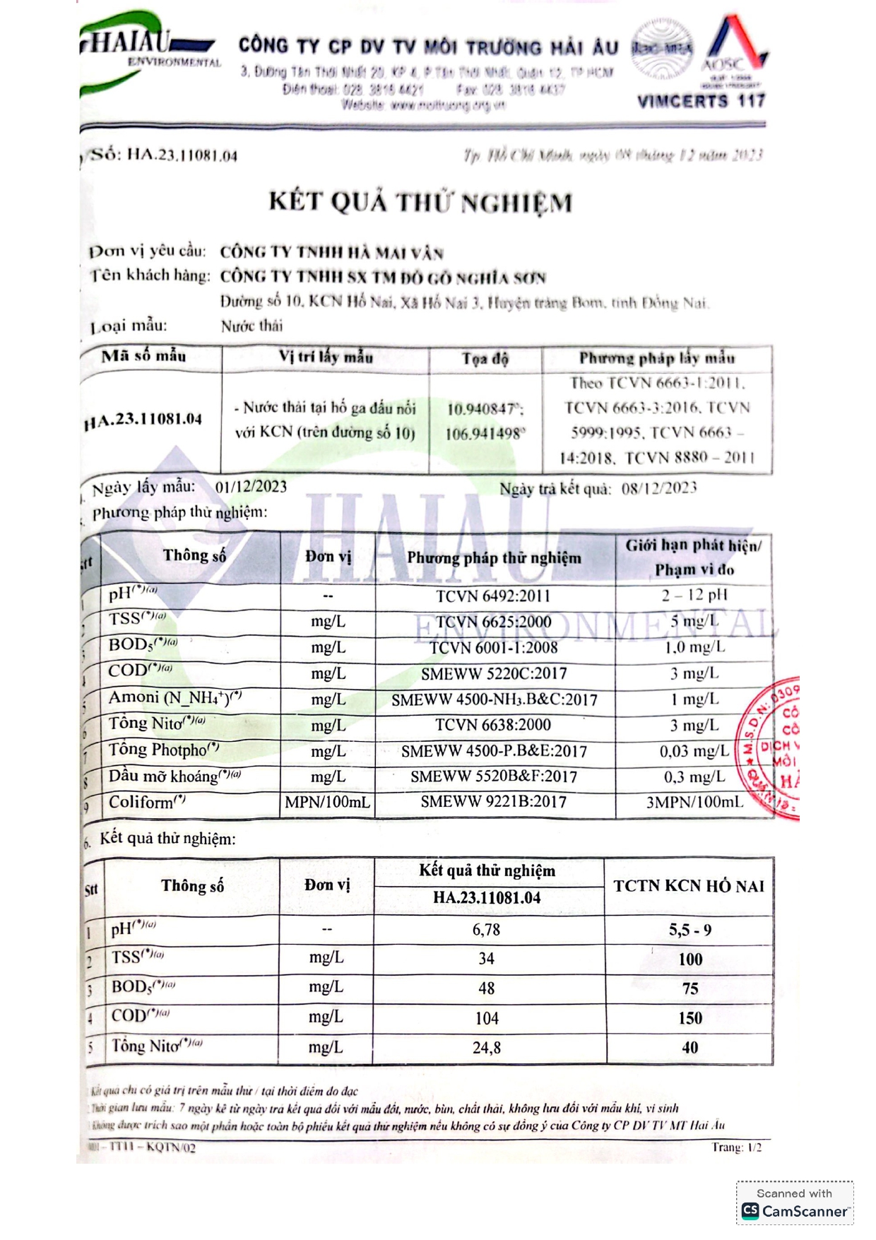 Environmental compliance report - wastewater measurement certificate 2023, Factory 2 Nghia Son Wood Products, page 3
