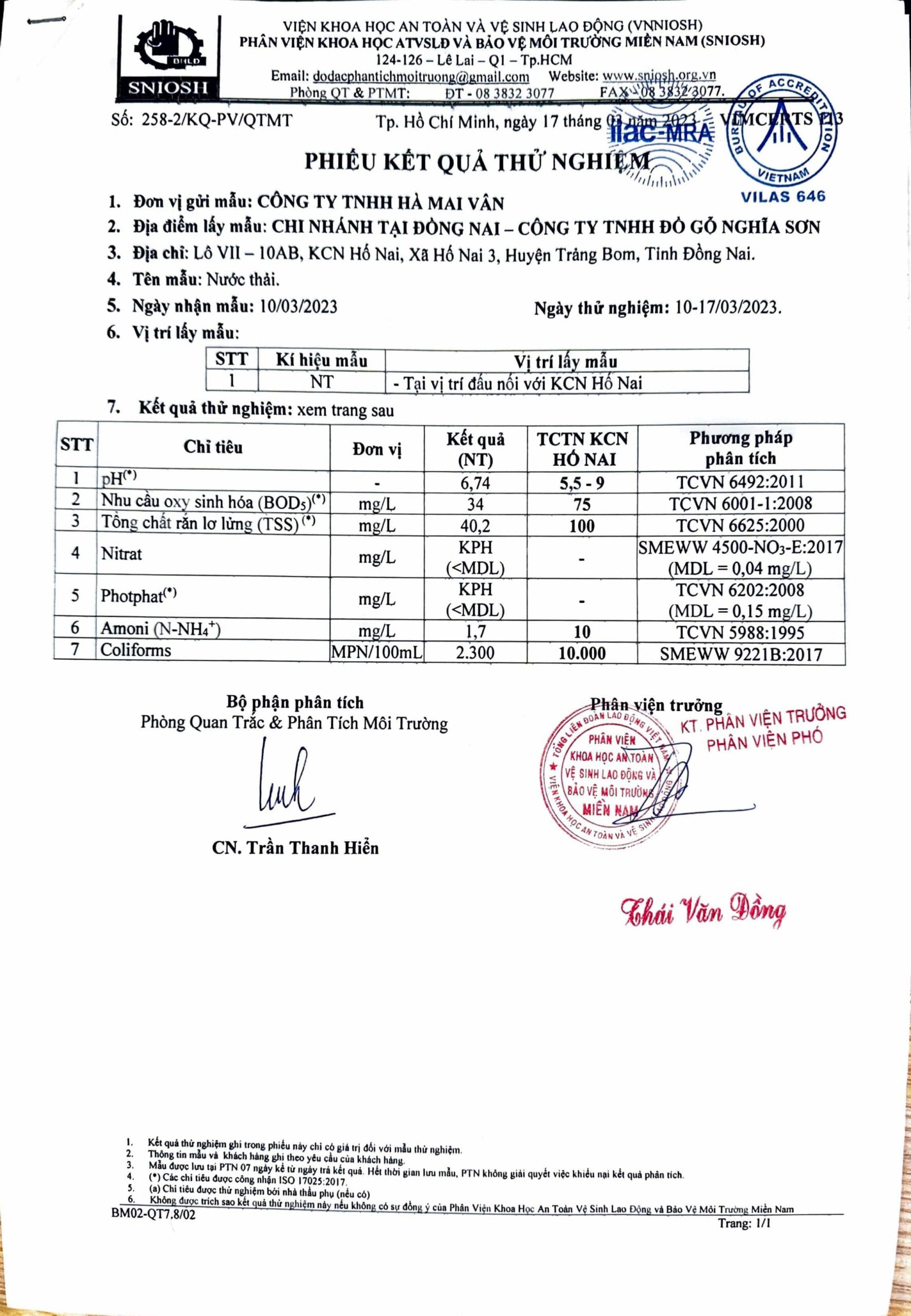 Environmental compliance report - wastewater measurement certificate 2023, Factory 1 Nghia Son Dong Nai branch, page 1