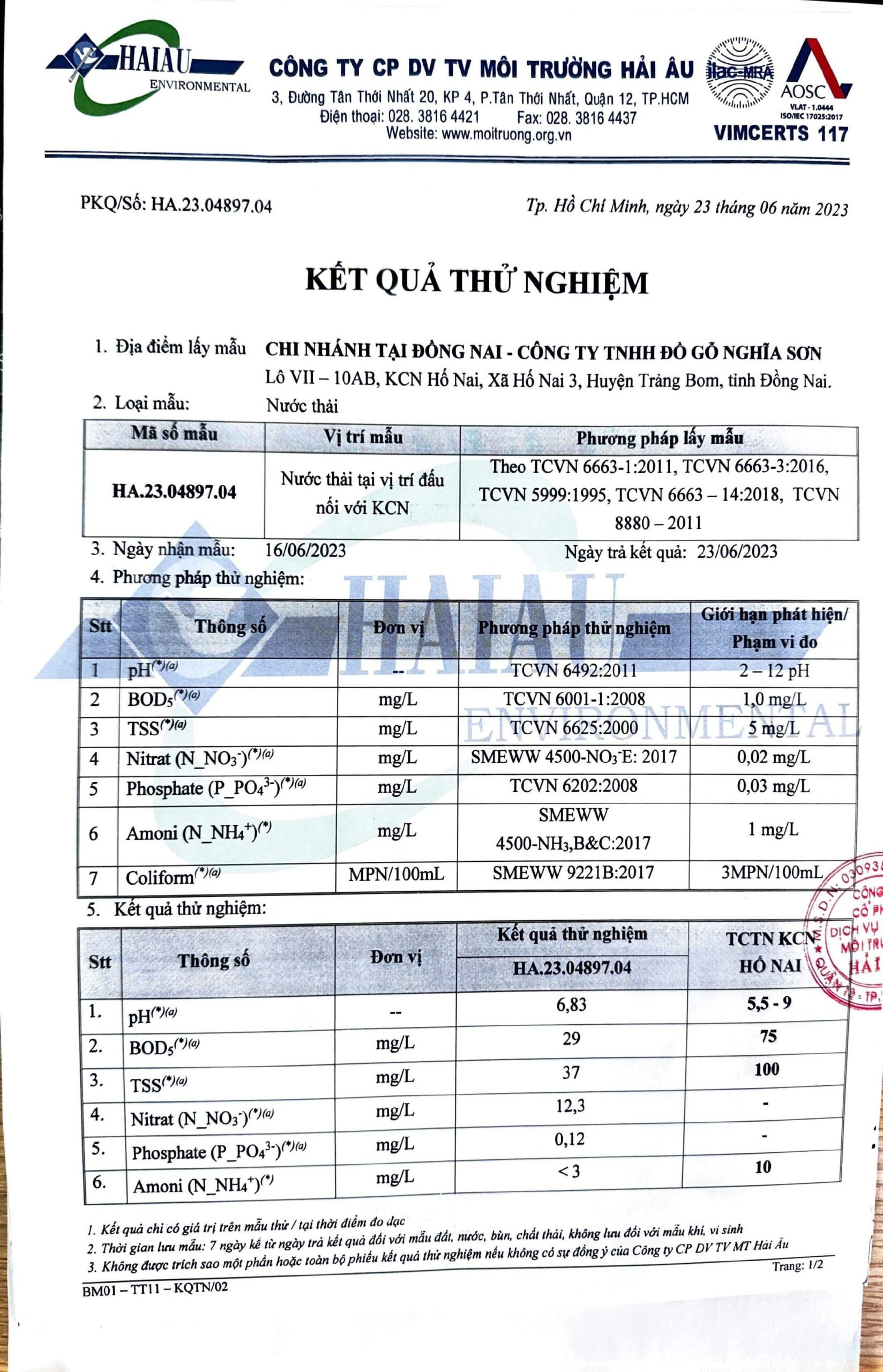 Environmental compliance report - wastewater measurement certificate 2023, Factory 1 Nghia Son Dong Nai branch, page 2