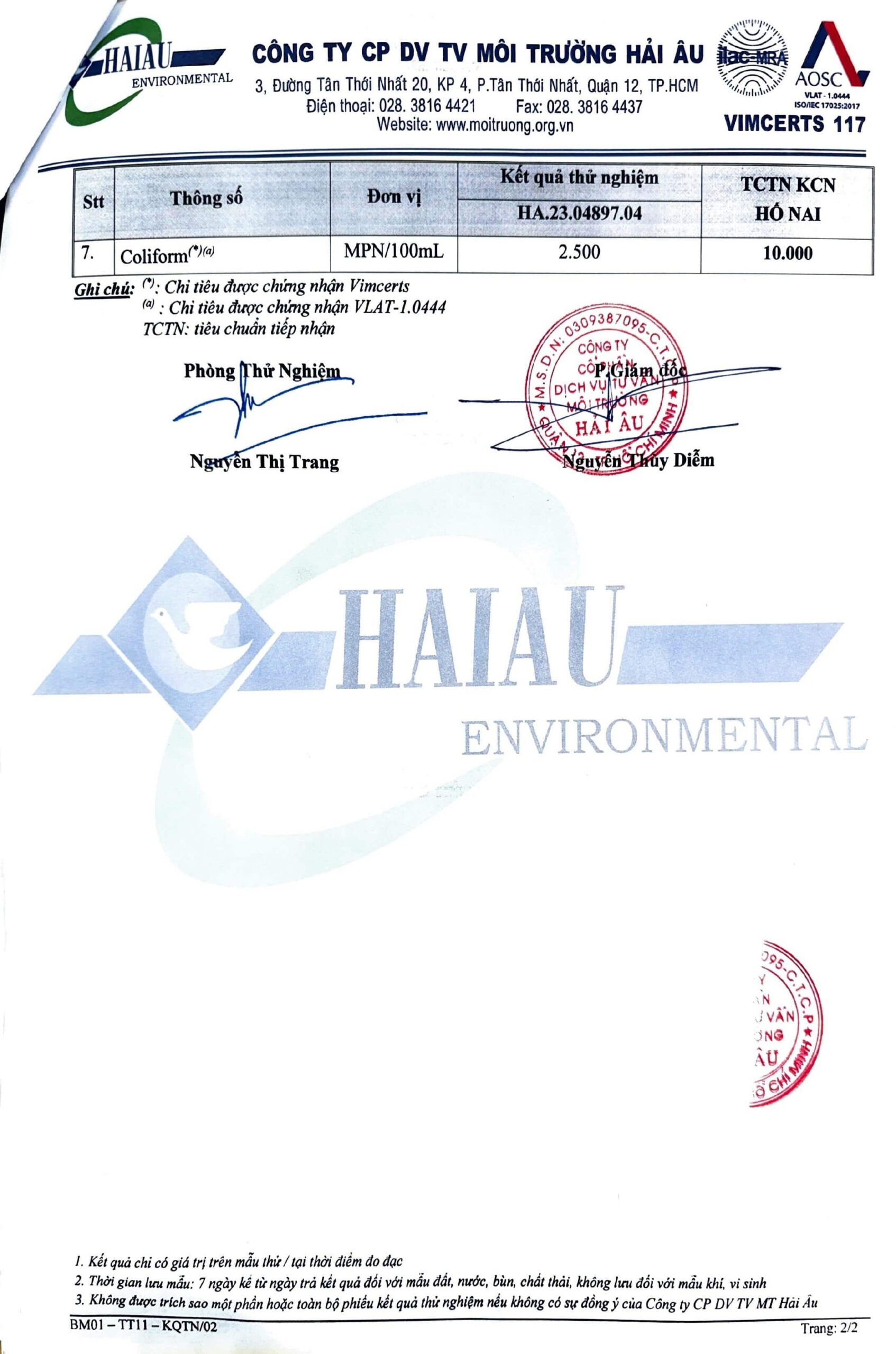 Environmental compliance report - wastewater measurement certificate 2023, Factory 1 Nghia Son Dong Nai branch, page 3