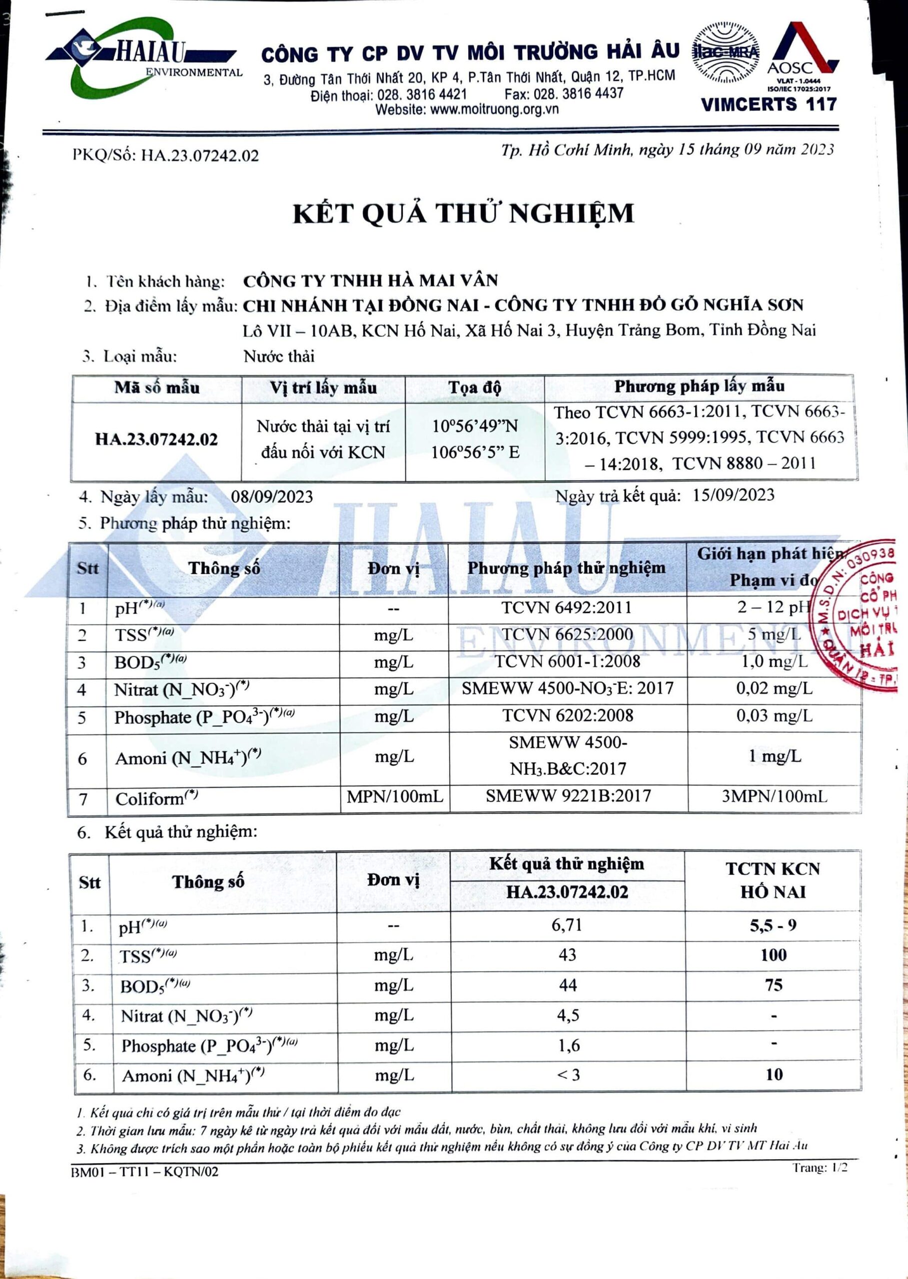 Environmental compliance report - wastewater measurement certificate 2023, Factory 1 Nghia Son Dong Nai branch, page 4