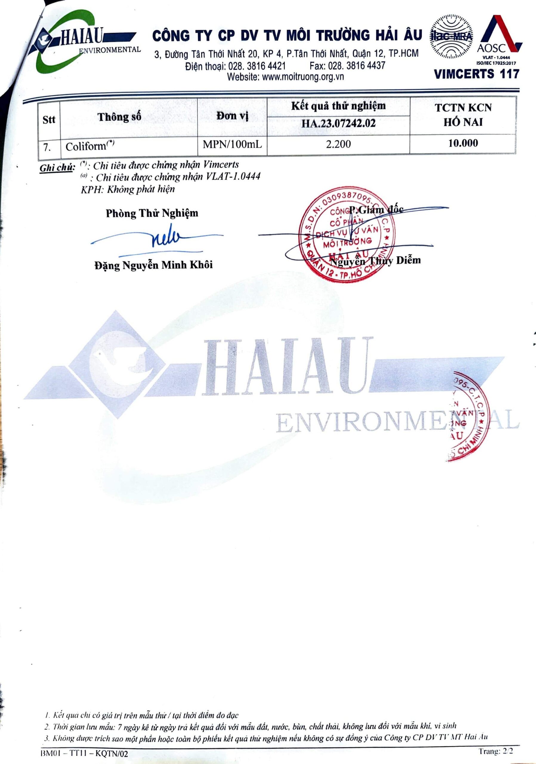 Environmental compliance report - wastewater measurement certificate 2023, Factory 1 Nghia Son Dong Nai branch, page 5