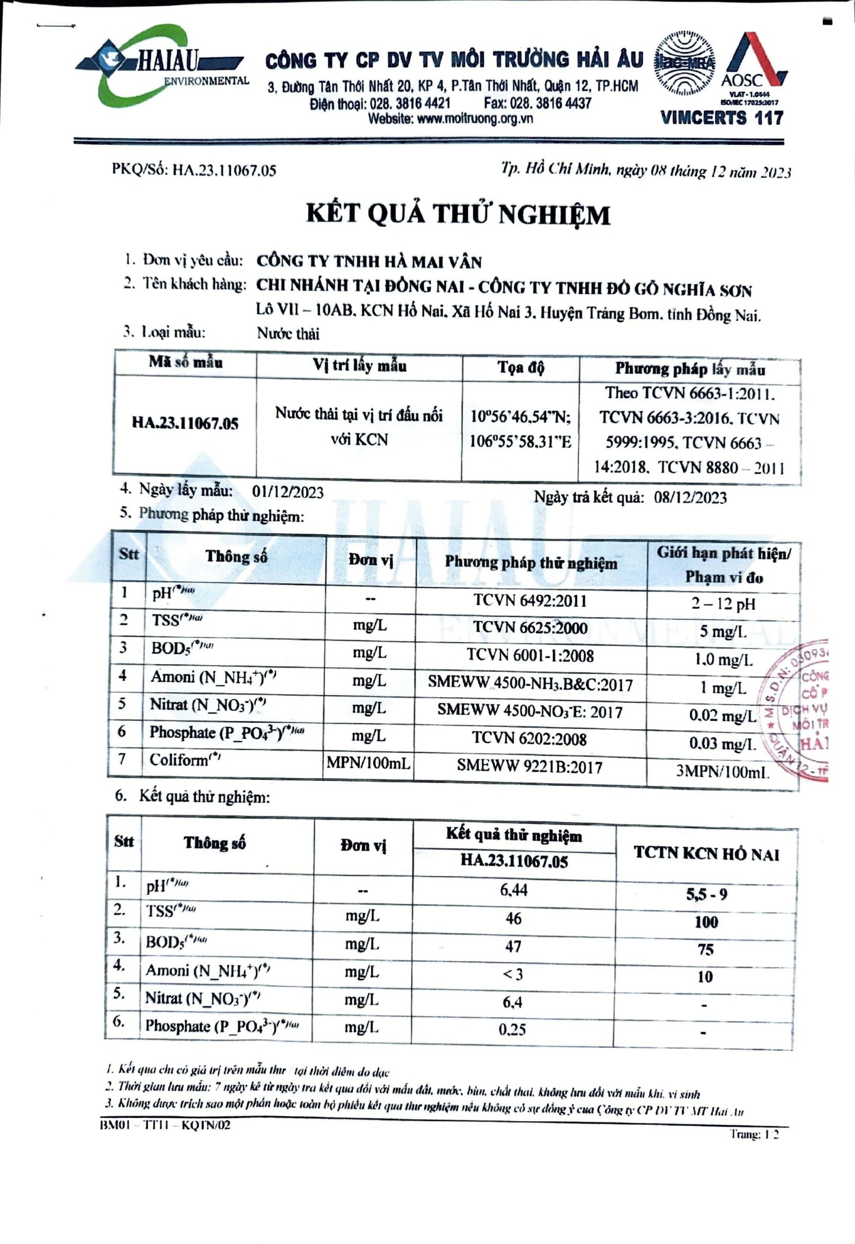 Environmental compliance report - wastewater measurement certificate 2023, Factory 1 Nghia Son Dong Nai branch, page 6
