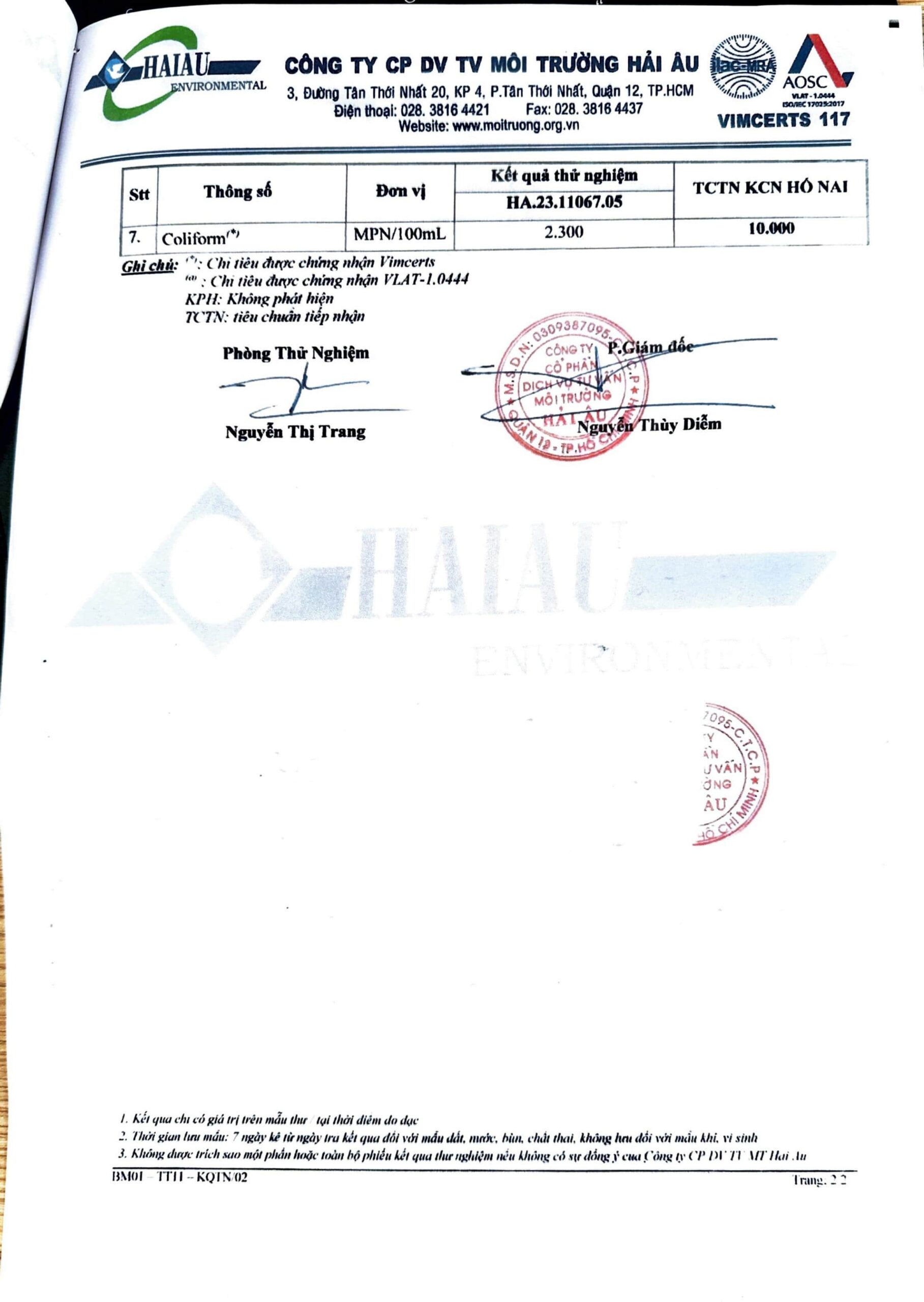 Environmental compliance report - wastewater measurement certificate 2023, Factory 1 Nghia Son Dong Nai branch, page 7