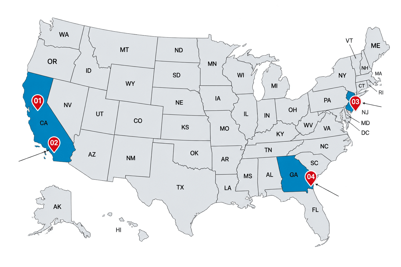 Map showing Nghia Son fulfillment coverage across the West Coast, Northeast and Southeast United States