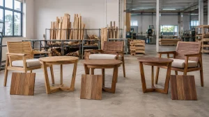 Acacia, eucalyptus and teak outdoor furniture samples in a Vietnamese factory
