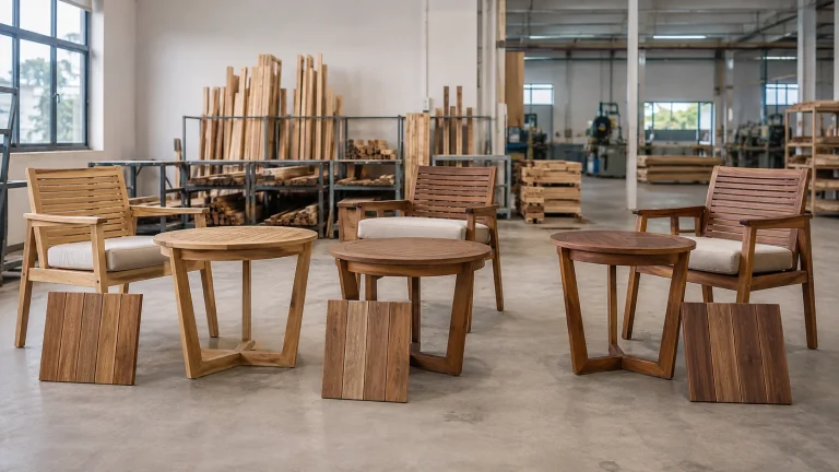 Acacia, eucalyptus and teak outdoor furniture samples in a Vietnamese factory