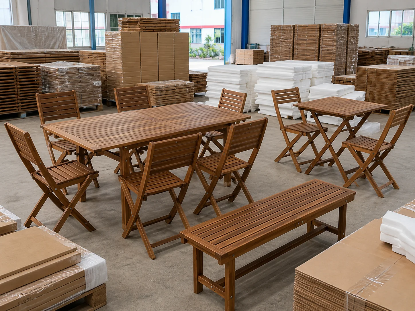 Solid wood outdoor furniture range prepared for final inspection and export packing