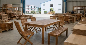 Outdoor furniture manufacturer Vietnam production floor with solid wood dining furniture