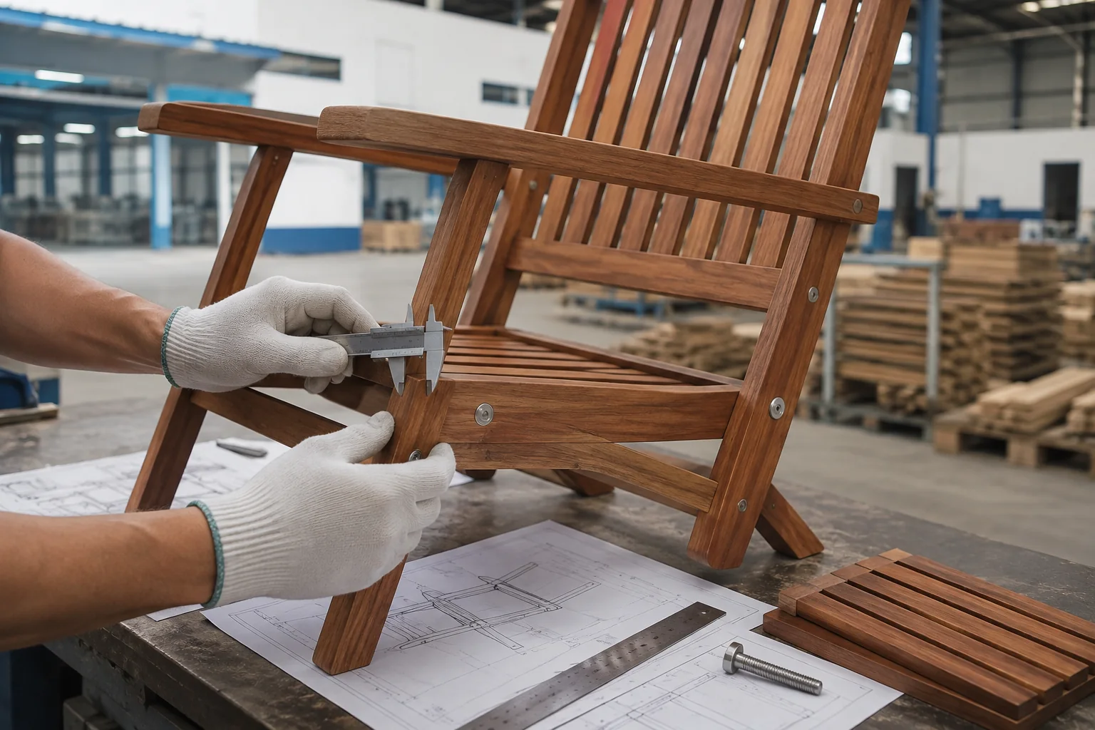 Outdoor furniture manufacturer Vietnam quality check with gloved hands measuring a solid wood chair