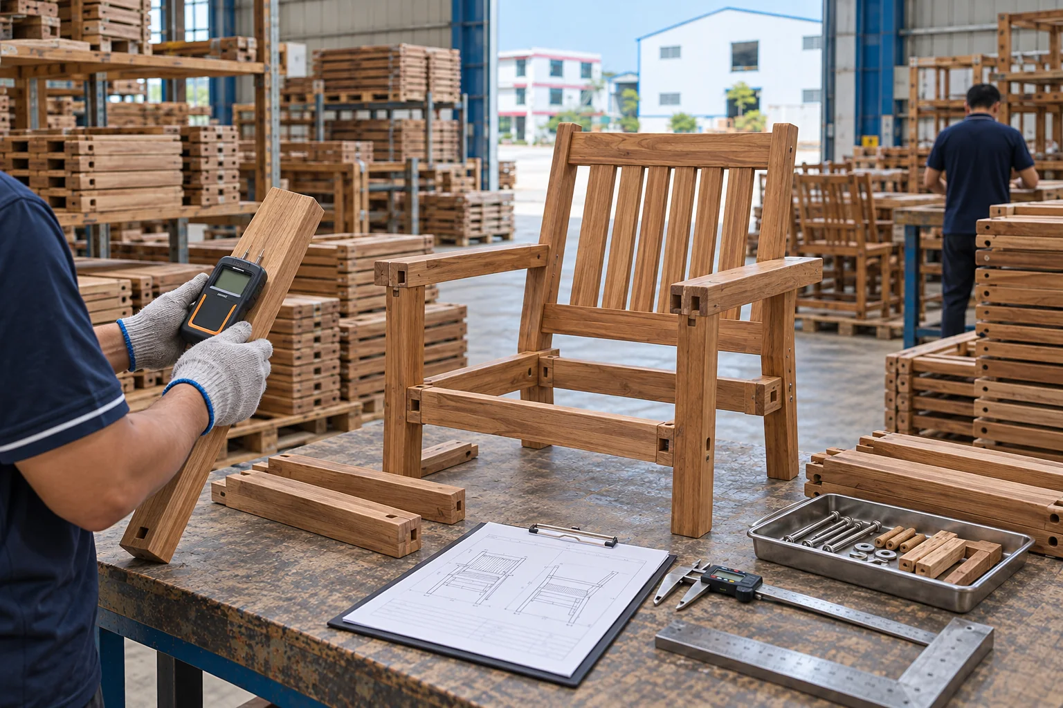 Outdoor furniture quality control for timber moisture, dimensions and chair joinery