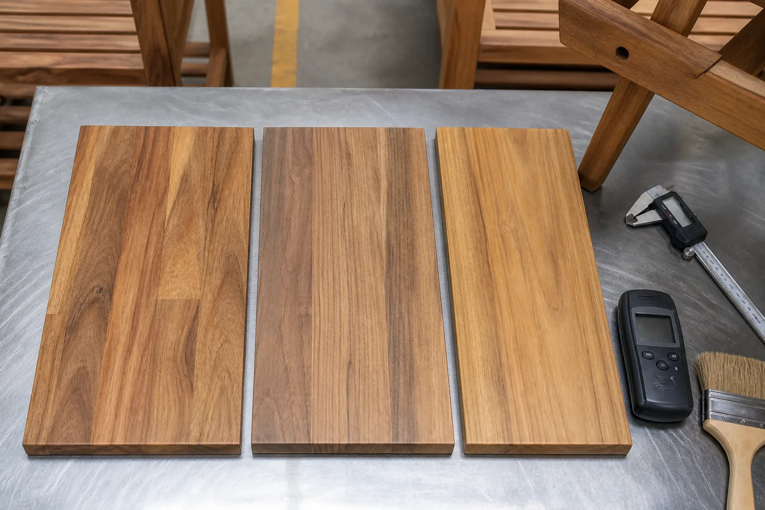 Acacia vs eucalyptus vs teak outdoor furniture wood samples